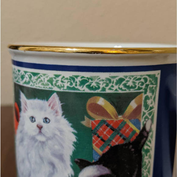 Vintage Christmas Cat Mug by Papel, Cat Playing w/ Ornaments Gold Rim Coffee Cup - Picture 9 of 10